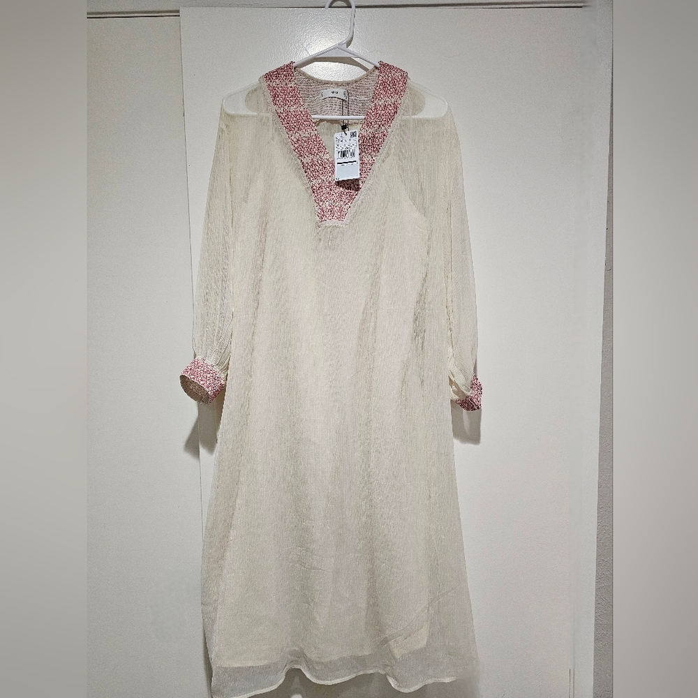 Elegant Cream and Red Women's midi Tunic Dress